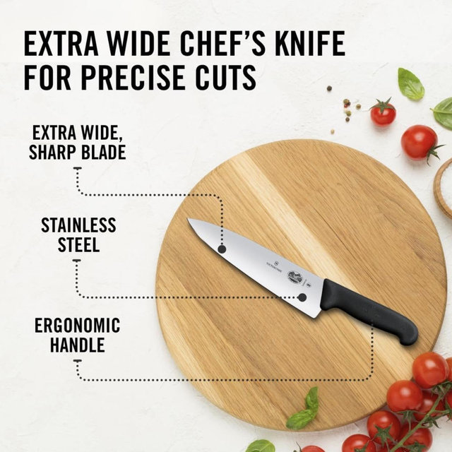 Victorinox Fibrox Pro Chef’s Knife, 8 Inch - Swiss Army Kitchen Knife, High Carbon Stainless Steel Blade, Non-Slip Fibrox Handle, Dishwasher Safe, Black