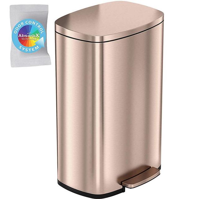 iTouchless SoftStep Step Trash Can, 13 Gallon Stainless Steel with Deodorizer Filter System & Inner Bucket, 50 Liter Foot Pedal Garbage Bin for Office and Kitchen, Rose Gold