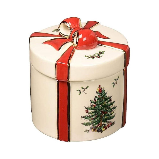 Spode Christmas Tree Gift Box Figurine - Holiday Trinket Holder, Tree Motif with Holly Accents, Seasonal Keepsake Box - 4-Inch Earthenware Mini Storage Ornament for Decor & Gifting (Small)