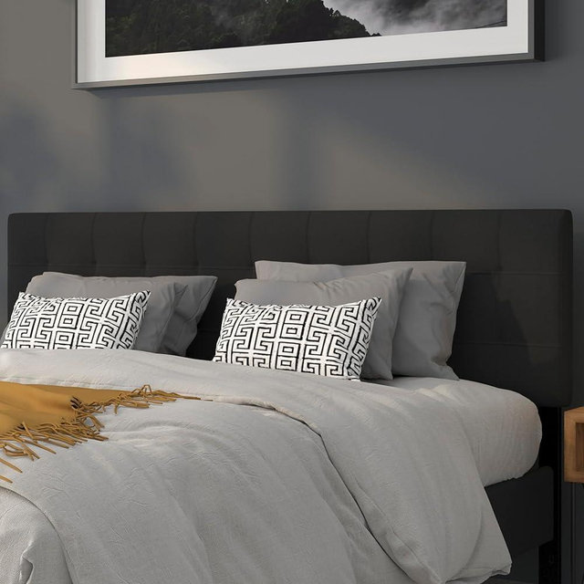EMMA + OLIVER Quilted Tufted Upholstered King Size Headboard in Black Fabric