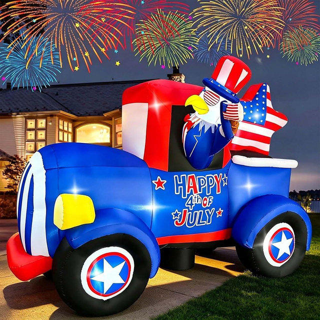 SEASONBLOW 8FT Independence Day Inflatable Truck with Eagle Decorations Patriotic 4th of July LED Light Up Blow up Car with Star for Home Yard Lawn Garden Memorial Day Decor