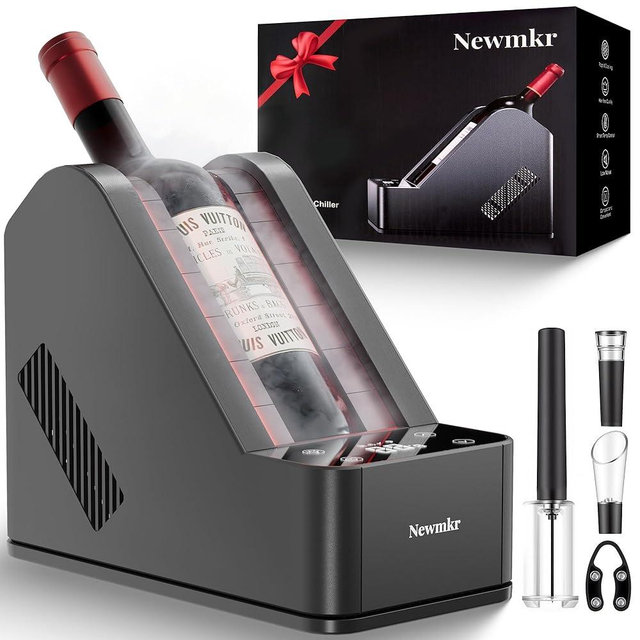 Newmkr Electric Wine Chiller for Bottles–Portable Champagne Wine Cooler 12 Volt DC & 100V AC with Digital Temp Control (41°F-68°F), Keep Cold Up to 24h,Fast Cooling for Home, Patio, Yacht or RV