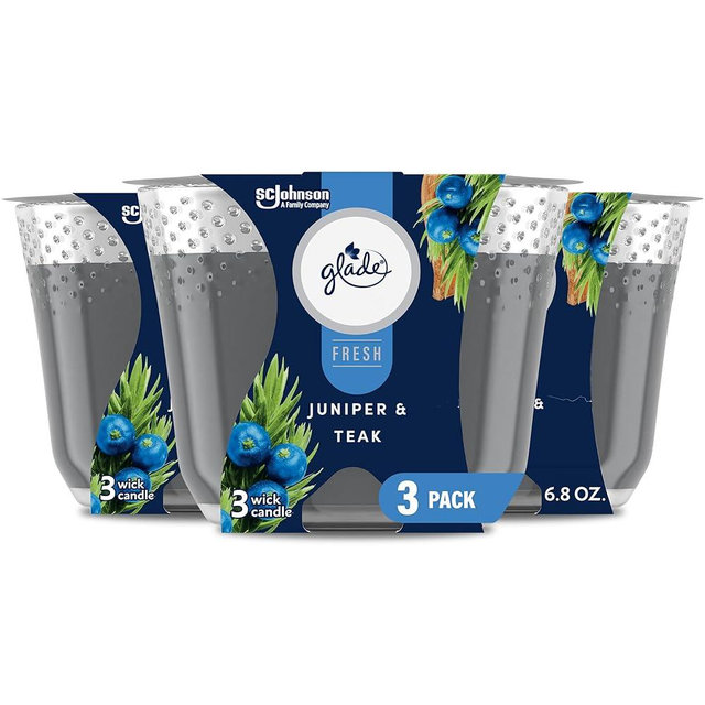 Glade Candle Juniper & Teak, Fresh Collection, Fragrance Candle Infused with Essential Oils, Air Freshener Candle, 3-Wick Candle, 6.8 Oz, 3 Count