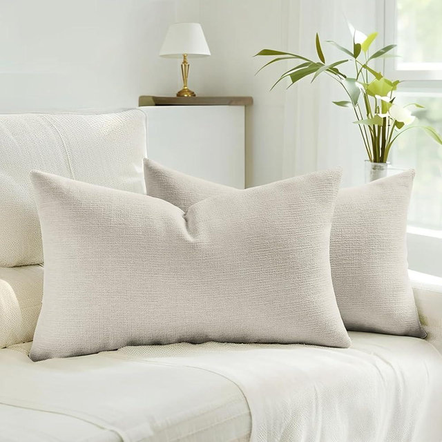 HAUSSY Natural Linen Throw Pillow Covers 12x20 Inch Set of 2,Boho Decorative Faux Linen Lumber Throw Pillows Cozy Farmhouse Accent Cushion Covers,Home Decor for Couch Sofa Bed Living Room