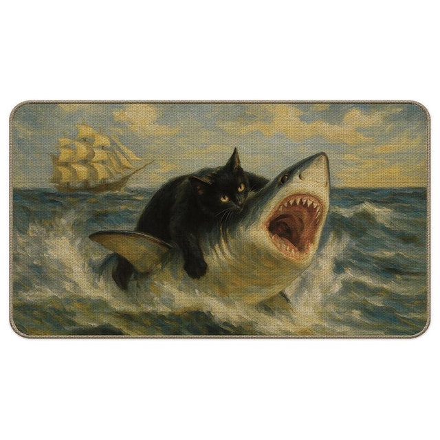 M-Qizi Black Cat Vs. Shark Door Mat, Vintage Renaissance Cat Ocean Doormat Indoor Outdoor Entrance Porch, Whimsical Kitten Beach Nautical Welcome Mats for Front Door Entryway, 17x30 Inches