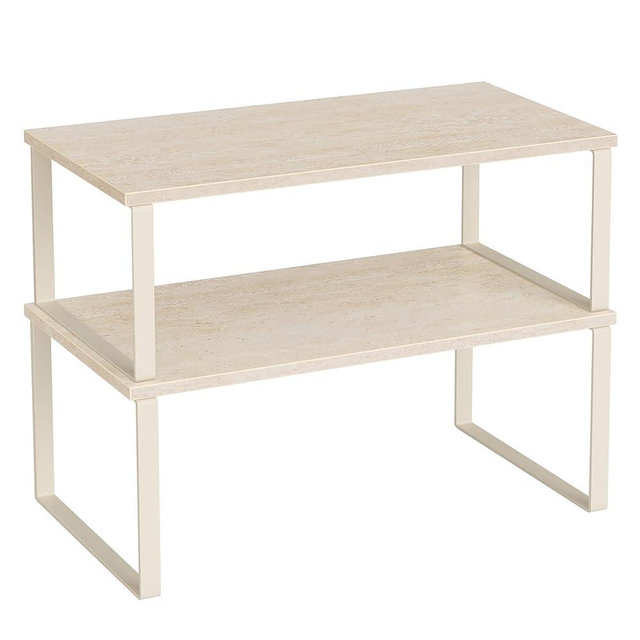 SONGMICS Cabinet Organizer Shelf, Set of 2 Kitchen Counter Shelves, Kitchen Storage, Spice Rack, Stackable, Expandable, Metal and Engineered Wood, Travertine Beige and Cream White UKCS025L01