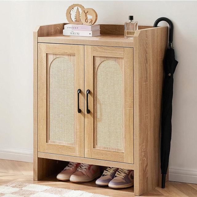 Mericonia Shoe Cabinet Storage for Entryway, Natural Rattan Shoe Storage Cabinet, Wooden Shoe Rack Cabinet, Farmhouse Boho Wood Shoe Organizer Cabinet for Hallway
