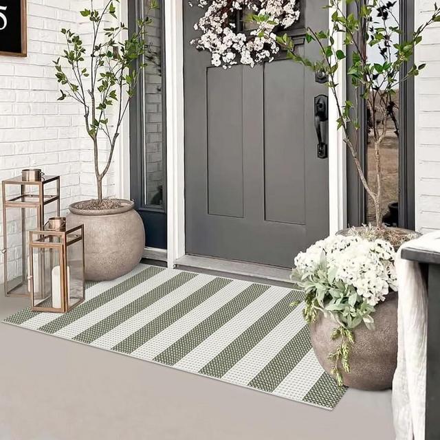 Sungea Boho Striped Front Door Mat Outside Entrance 2x4.3,Green and White Washable Porch Rug Runner,Cotton Hand Woven Indoor Outdoor Rugs,Foldable Farmhouse Layered Door Mats for Entryway
