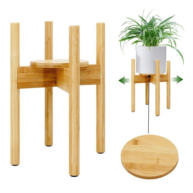JUKFITA Plant Stand Indoor with Tray Adjustable Bamboo Wood Planter Stands Holder Mid-Century Modern Single Flower Display Saucer Rack fit 6 8 10 12 Inch Pot