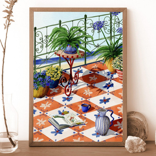 Balcony View - illustration - art- graphic print in variable sizes