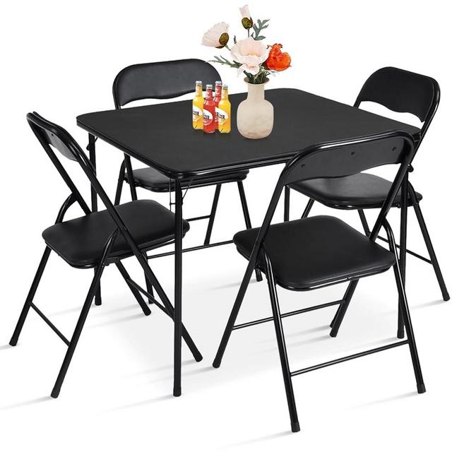 FurnitureR 5-Piece Folding Table and Chair Set – Portable Square Table with 4 Padded Chairs, Space-Saving Dining or Card Game Set for Home, Indoor and Outdoor, No Assembly Required, Black