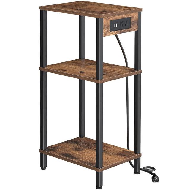 Creso hom Tall End Table with Charging Station and USB Ports, 3 Tier Narrow Side Table with Storage, Skinny Nightstand with Outlets for Bedroom, Living Room, Office, Rustic Brown and Black