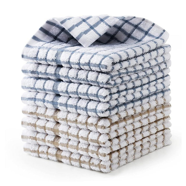 Egles Dish Towel Set of 8, 100% Cotton Grid Dish Cloths Terry Kitchen Towel 12" x 12" Ultra Soft Super Absorbent Reusable Dishcloth, Multi-Purpose Quick Drying Hand Towel with Hanging Loop