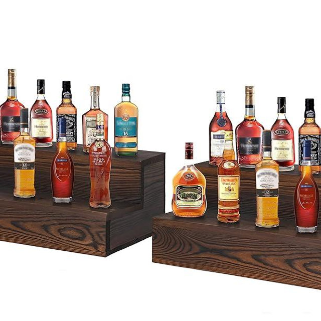Liquor Bottle Display Shelf, 2 Pack Wood Bar Shelves, Tabletop Wine Rack, Bottle Stand for Liquor Display, Home Bar Display
