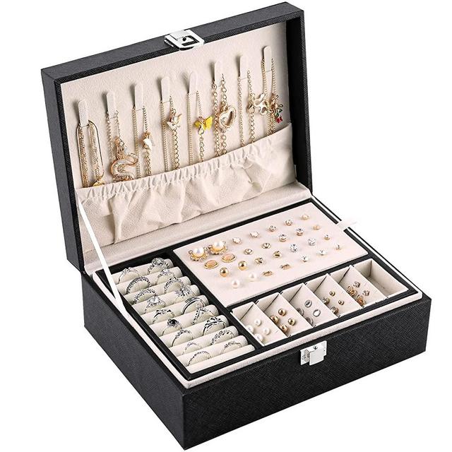 Jewelry Box Organizer for Women Girls Wife Ideal Gift, Double Layer Jewelry Storage Case Display Earrings Bracelets Rings Necklaces, PU Leather & Soft Velvet Lined Jewelry Box, Black