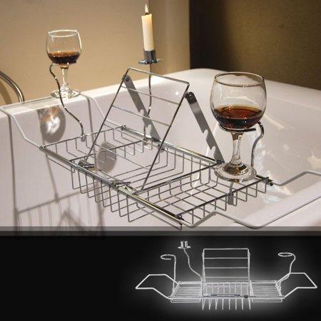 Dilwe Bathtub Tray Caddy Stainless Steel,Bath Tub Caddy Rack & Organizer With Stand for Book,iPad or Phone,Candle Holder,2 Wine Holders