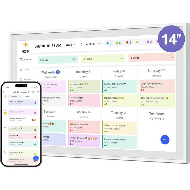 Digital Calendar, 14 inch Wall Mount Smart WiFi Electronic Calendar & Family Hub, IPS Touch Screen HD Display for Schedules, Chores and Instant Photo Sharing