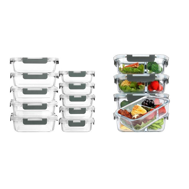M MCIRCO [10-Pack] 1 Compartment Glass Meal Prep Containers with Lids, [5-Pack,36 Oz] Glass Meal Prep Containers 2 Compartments with Lids