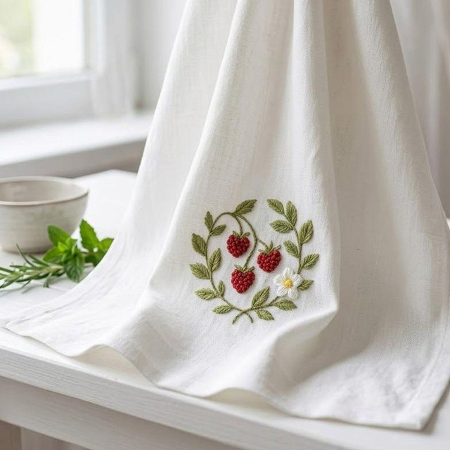 Embroidered Strawberry Kitchen Towel, Linen Tea Towel, Farmhouse Kitchen Decor, Rustic Kitchen Gift, Cottagecore Home Decor