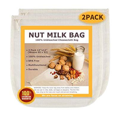Nut Milk Bags, All Natural Cheesecloth Bags, 12"x12", 2 Pack, 100% Unbleached Cotton Cloth Bags for Cheese/Tea/Yogurt/Juice/Wine/Soup/Herbs, Durable Washable Reusable Almond Milk Strainer(Weave 65x52)
