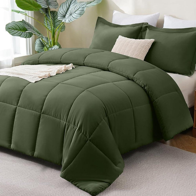 CozyLux King Comforter Set - Olive Green Comforter King Size, 3 Pieces Box Stitched Bed Set for All Seasons, Soft Lightweight Bedding Sets with 1 Down Alternative Comforter and 2 Pillow Shams