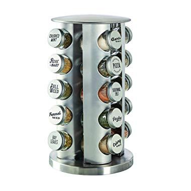 Kamenstein 5244685 Revolving 20-Jar Countertop Rack Tower Organizer with Stainless Caps and Free Spice Refills for 5 Years, Silver