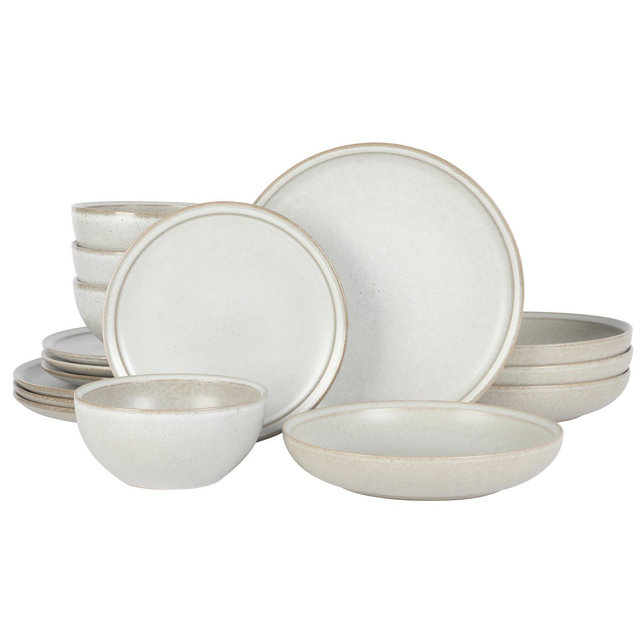 Gibson Elite Beckett Stoneware Matte Reactive Glaze 16 Piece Plates and Bowls Dinnerware Set Linen White