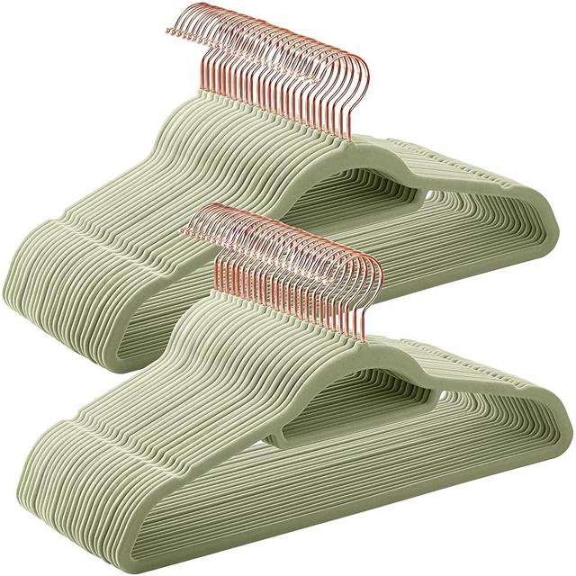 SONGMICS Velvet Hangers, Set of 50 Clothes Hanger with Rose Gold Swivel Hook, Non-Slip, and Space-Saving, 0.2-Inch Thick, 17.1-Inch Long for Coat, Shirt, Dress, Pants, Tie, Pale Green UCRF021GR50