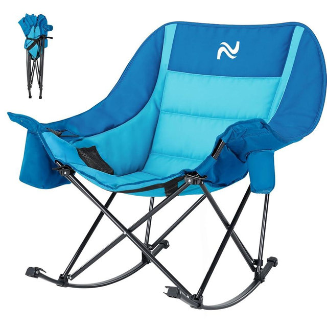 ABORON Oversized Rocking Camping Chair for Adults, Fully Padded Folding Outdoor Lawn Chair with Cooler Bag & Side Pocket, Portable Recliner Chair for Camp, Patio, Backyard, Supports 400 lbs