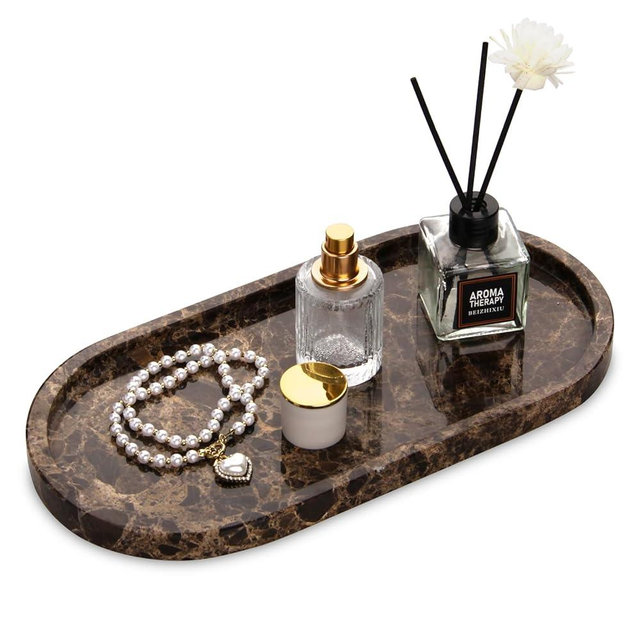 Oval Marble Bathroom Vanity Tray, Natural Luxury Marble Home Kitchen Bathroom Table Tray, Stone Decorative Countertop Tray for Coffee Perfume Jewelry (Dark Brown, 12" x 6" x 0.8")