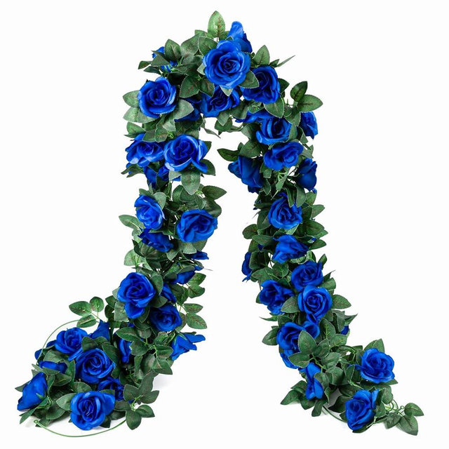 OWPFJG 2 Pack (16FT) Artificial Rose Vine Fake Flowers Garland Hanging Silk Rose Ivy Plants Vine for Father's Day,Wedding Arch Party Garden Home Aesthetic Art Décor (Royal Blue)