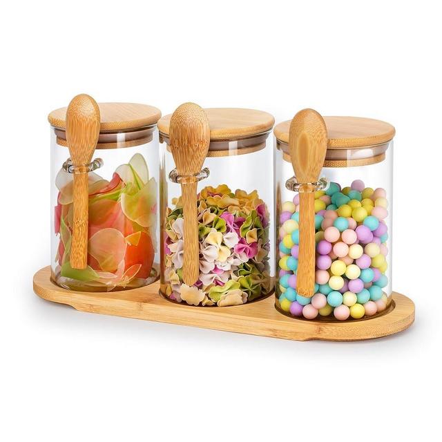 3-pack 18oz Airtight Glass Storage Canister with Wood Lid Spoon and Tray, Food Glass Jars ,Overnight Oats Containers with Lids,Decorative Kitchen Jars for Coffee Tea Sugar Spice,Salt Containers