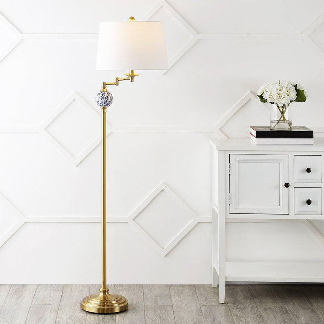 61.5" Aveiro Midcentury Swing Arm Floor Lamp with Linen Shade - JONATHAN Y: Brass Plated, UL Listed, Includes LED Bulb
