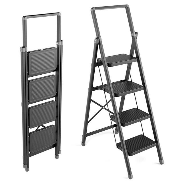 4 Step Ladder, Folding Step Stool with Wide Anti-Slip Pedal, 350lbs Sturdy Steel Ladder, Convenient Handgrip, Lightweight, Portable Steel Step Stool, Black