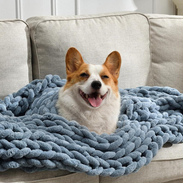 Feabuccy Soft Chunky Knit Blanket, 60X80 in Handmade Thick Chenille Yarn Throw Without Shedding & Raveling, Aesthetic & Cozy Home Decor with Couch Sofa Bed, Gift Pack, Airy Blue