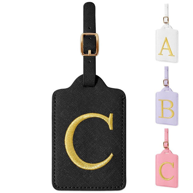 Personalized Initial Luggage Tags for Suitcase TSA Approved, Black Leather Cute Luggage Tag with Privacy Cover Name Card, Embroidered Custom Luggage Tags Travel Backpack Tags Gifts for Women Kids(C)