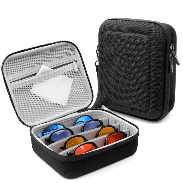 Krypthos Travel Sunglasses Organizer Case, Portable Eyeglasses Storage Box, Adjustable Multi-Compartments & Crushproof Design, Holds Up to 4 Pairs, Eyewear Display Case for Men Women