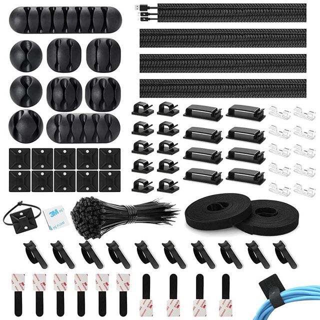 173 Pcs Cable Management Organizer Kit, include 4 Cable Sleeve Split with 47 Self Adhesive Cable Clips Holder, 10 Cable Ties, 10 Adhesive Wall cable Tie, 100 Fasten Cable Ties, 2 x Roll Cable Ties