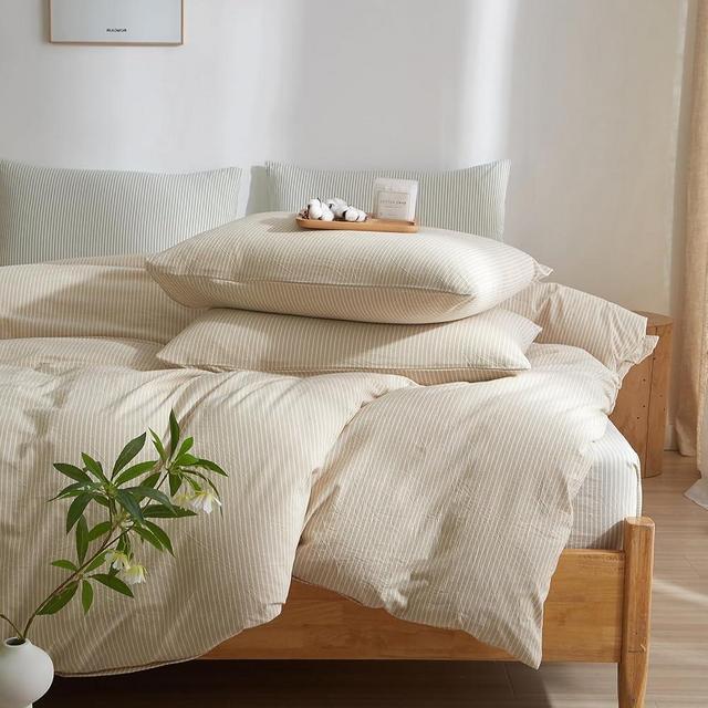 MWL Toy Striped Duvet Cover Set Queen Size, 3 Pcs Breathable Durable 100% Washed Cotton Comforter Cover for All Seasons, Chic Linen Like Textured Bedding Set (Khaki White Pinstripes, Queen)