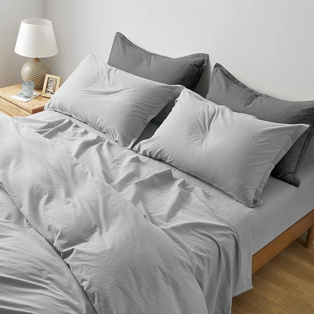 Eikei Washed Cotton Chambray Fitted Sheet Set Solid Color Casual Modern Style Bedding Set Relaxed Soft Feel Natural Wrinkled Look (King, Ice Grey)