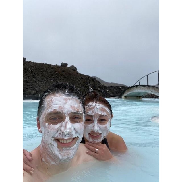 Mask on at Blue Lagoon for the fiancé and fiancée.