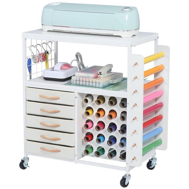 LUCKUP Organization and Storage Craft Table for Cricut Machines, Rolling Cart Cabinet with 28 Vinyl Roll Holders and 5 Drawers, Heat Press Stand Crafting Storage Cart with Hooks