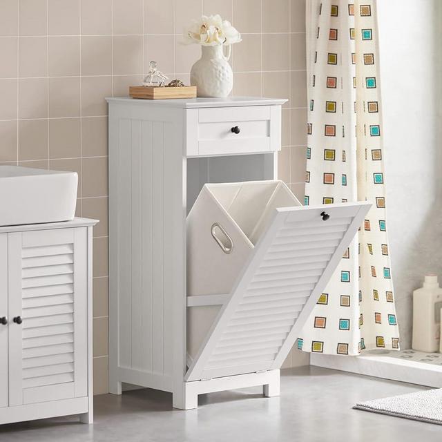 Haotian BZR73-W, White Bathroom Laundry Basket, Laundry Cabinet, Tilt-Out Laundry Hamper, Bathroom Storage Cabinet with Drawer and Shutter Door