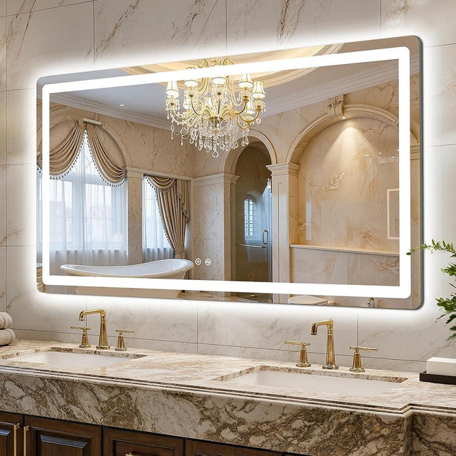 LAWADA LED Bathroom Mirror, 55"x30" Bathroom Vanity Mirror with Lights for Wall, Smart Anti-Fog, Stepless Dimmable with 3 Color Mode, Backlit + Front Lit, Memory Function, ETL Listed