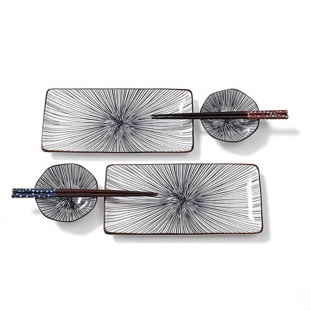 6 piece sushi plate set, 10-inch ceramic rectangle sushi dishes, sushi serving set for 2, with 2 sushi plates 2 sauce bowls 2 pairs of chopsticks