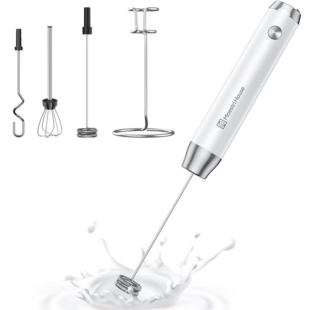 Maestri House Rechargeable Milk Frother with 3 Heads, LunaFro AS Handheld Electric Foam Maker Waterproof Detachable Stainless Steel Whisk Drink Mixer Foamer with Stand for Lattes, Cappuccino, Egg