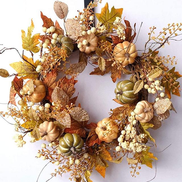 idyllic Artificial Pumpkins Wreath Autumn Wreath with Green and Yellow Leaves Flower Wreath for Front Door Indoor Wall Wedding Home Decoration