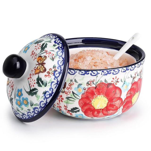 silesia Handmade Sugar Bowl with Lid and Spoon, 10 Ounce Ceramic Hand-Painted Sugar Jar for Kitchen in Gift Box, Kitchen Decor, Oven, Dishwasher & Microwave Safe, Flowers Red
