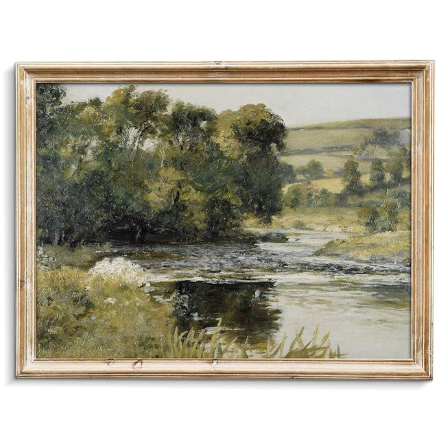 uniro Nature Landscape Vintage Wall Art for Home Decor, Antique River Canvas Wall Art, Farmhouse Muted Spring Summer Paintings Art Picture Aesthetic for Bedroom Bathroom Living Room Office Decor (8" x 10"-UNFRAMED)