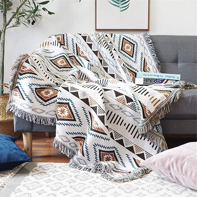 Luxlovery Beige Bohemian Sofa Throw Blankets Ethnic Woven Boho Geometric White and Khaki Throw Blanket for Couch Aztec Bed Throws Oversized Chair Sofa Cover with Tassels(63"x86")